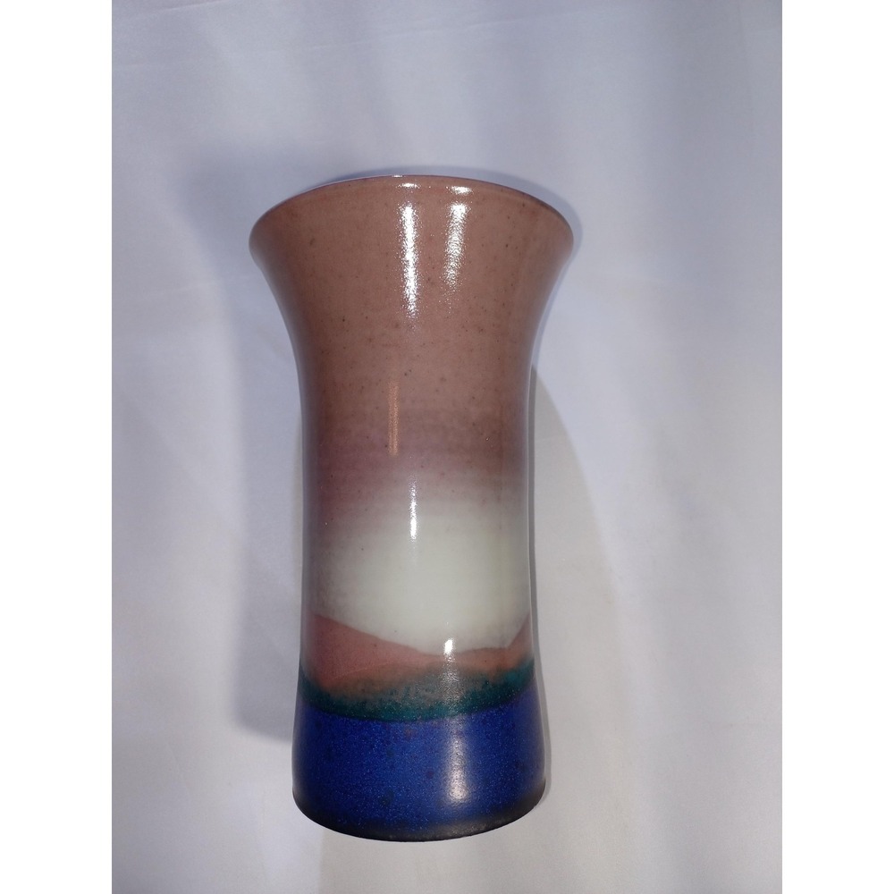 Handmade Studio Pottery Vase Multicolor Striped Tall Modern Ceramic Decor